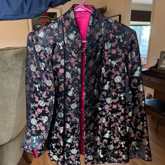 Chinese Jackets & Blazers - Vintage Reversible Chinese Brocade Jacket Frog Closures Black & Pink